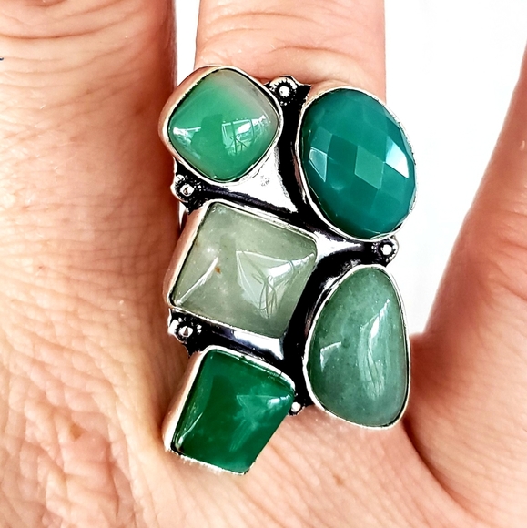 New Huge Chrysoprase & Agate 925 Silver Statement Ring. - Picture 4 of 8